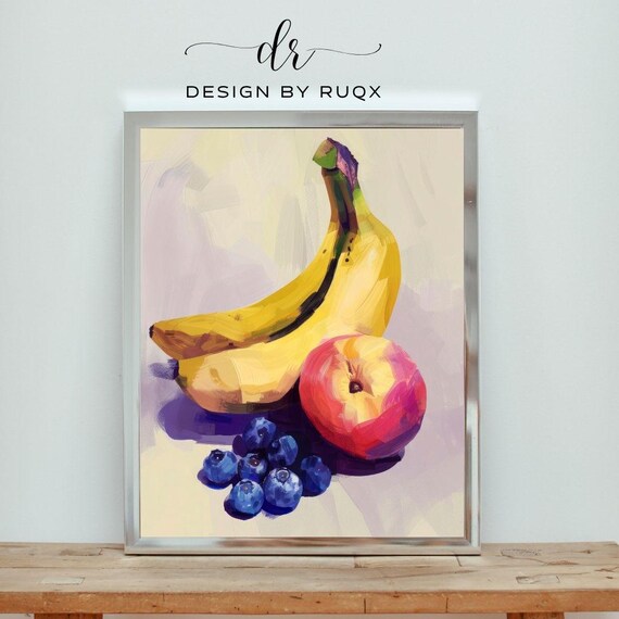 Banana Peach Blueberry Poster Colorful Fruit Still Life Kitchen Art