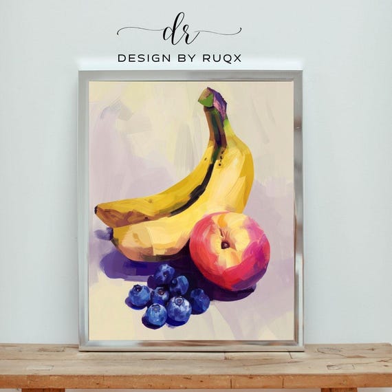 Banana Peach Blueberry Wall Art Colorful Fruit Kitchen Print Modern Tropical Artwork