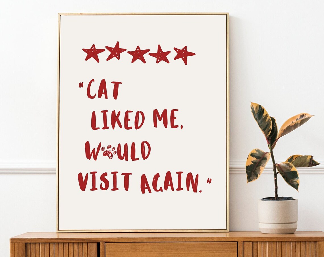 Red Handwritten Cat Liked Me Five Star Review Quote Cute Poster - Image 3