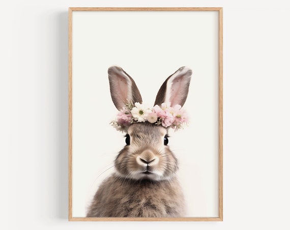 Bunny With Pink Floral Crown Nursery Art Print