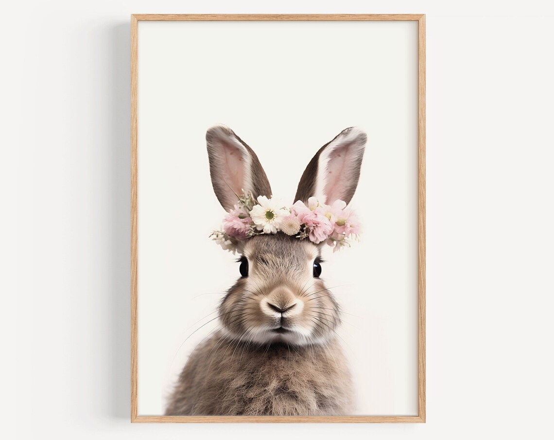 Bunny With Pink Floral Crown Nursery Art Print