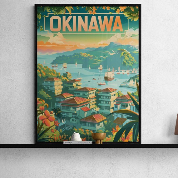 Okinawa Harbor Sunset Vintage Japanese Tropical Travel Poster Art