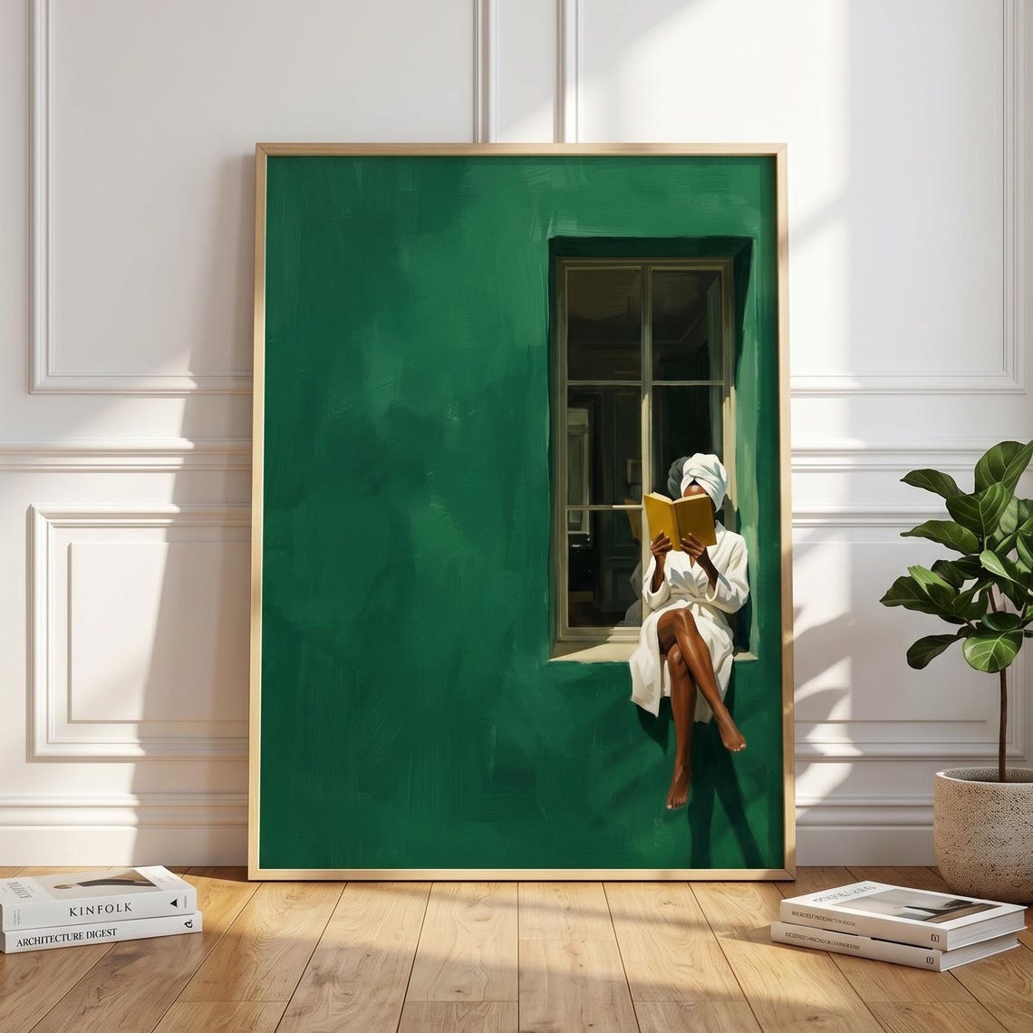 Black Woman Reading Art Print Emerald Window Scene Living Room Wall Minimalist Quiet Luxury