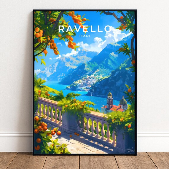 Ravello Italy Orange Grove Terrace Amalfi Coast Sea View Vintage Travel Poster