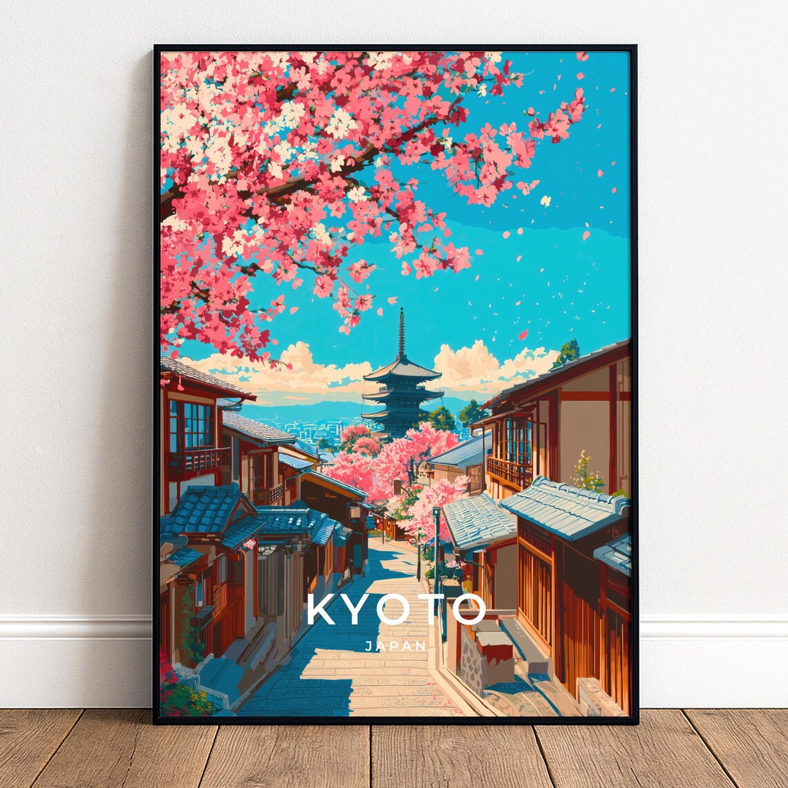 Kyoto Japan Cherry Blossom Pagoda Street Retro Travel Poster
