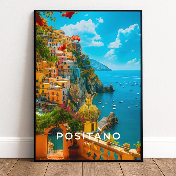 Positano Travel Poster Colourful Cliffside Amalfi Coast Art Italian Print