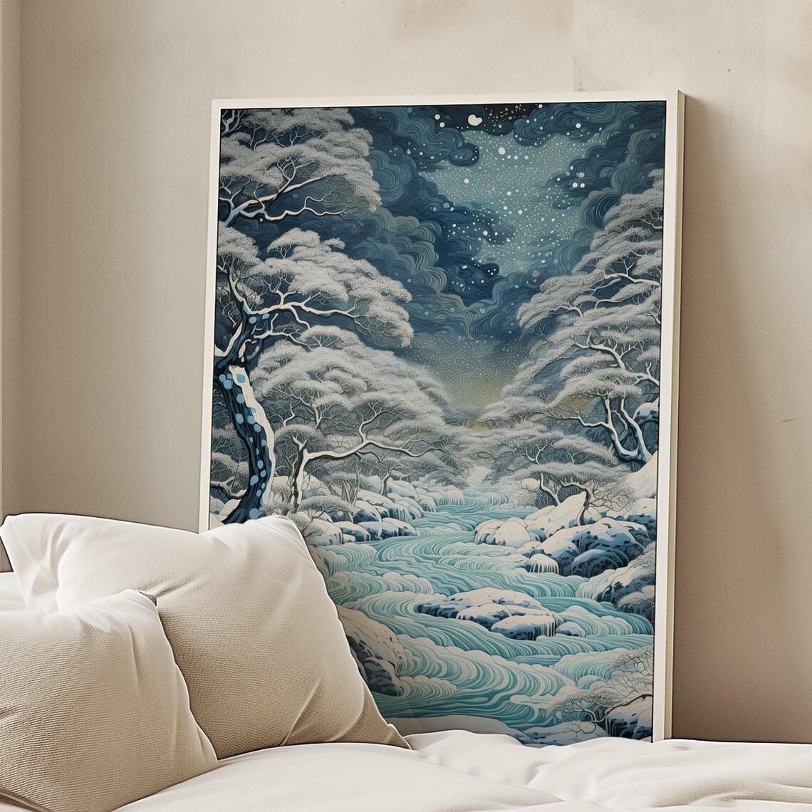 Snowy River Forest Winter Night Japanese Woodblock Style Art Print