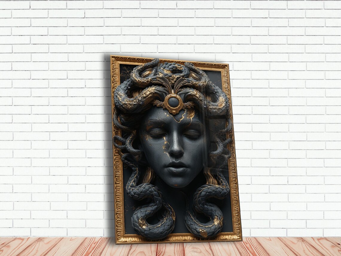 Black and Gold Medusa Sculpture Poster Ancient Greek Gorgon Art