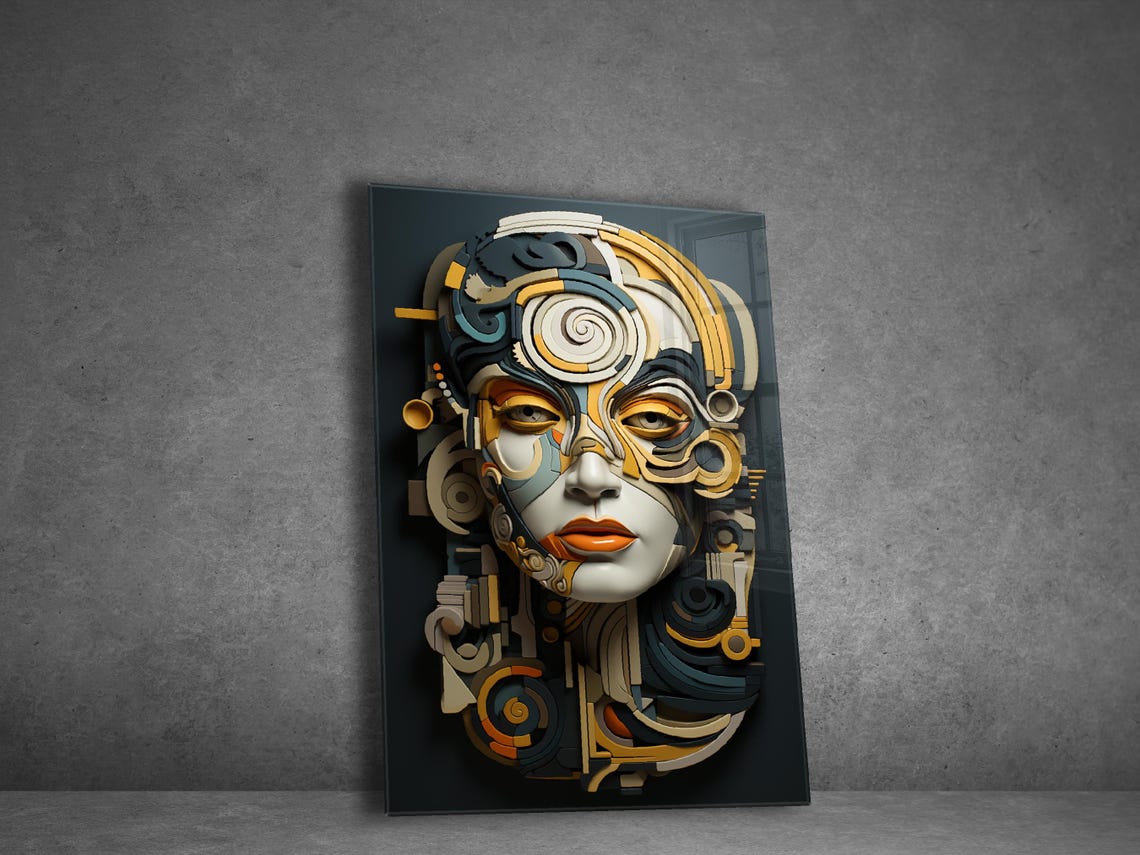 Mosaic Geometric Woman Portrait Poster Gold Grey Abstract Face Art
