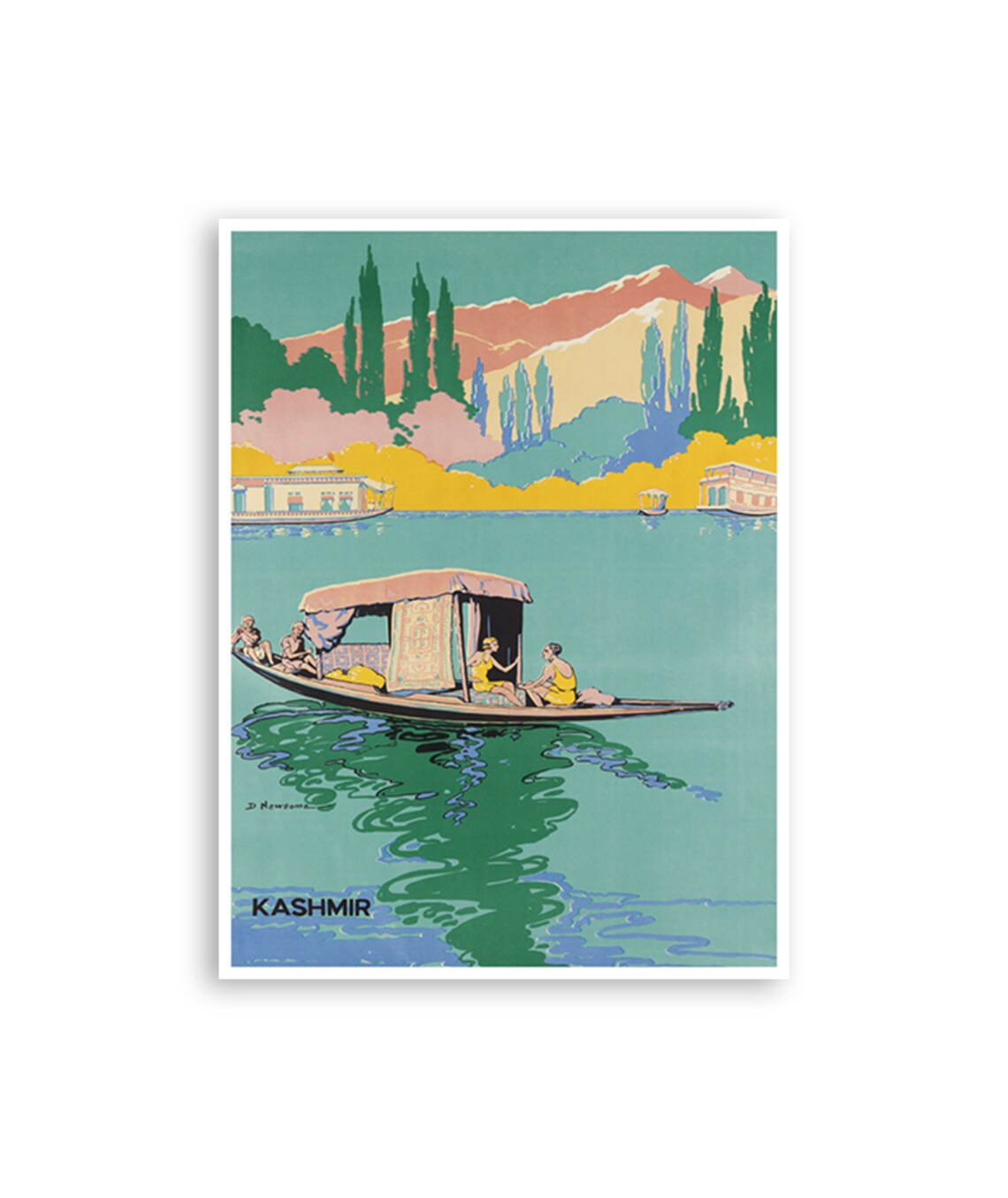 Kashmir Vintage Houseboat Shikara Dal Lake Mountain Travel Poster