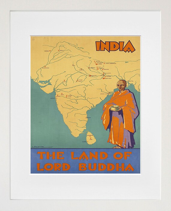 India Land of Lord Buddha Vintage Monk Map Pilgrimage Travel Poster