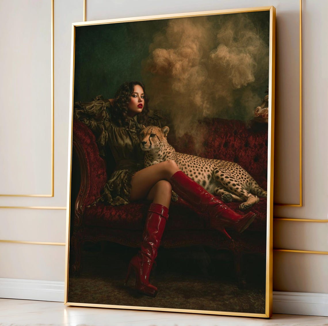 Dark Glam Woman In Red Boots With Cheetah Editorial Fashion Poster