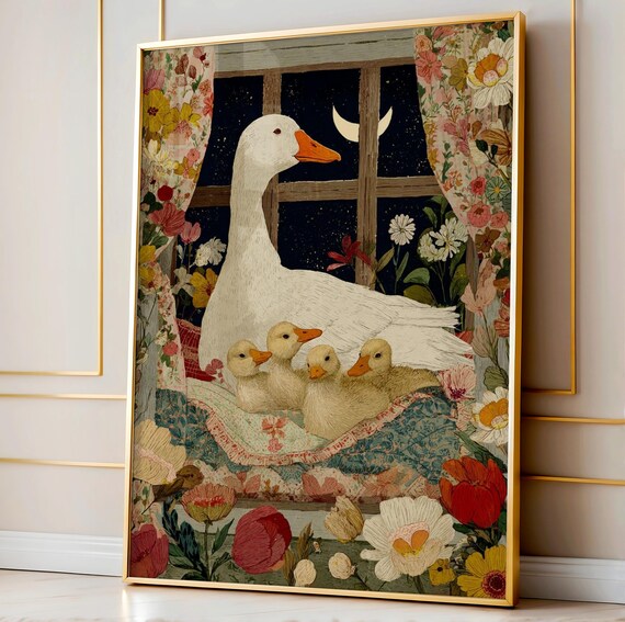 Mother Duck and Ducklings Night Window Moon Folk Nursery Poster