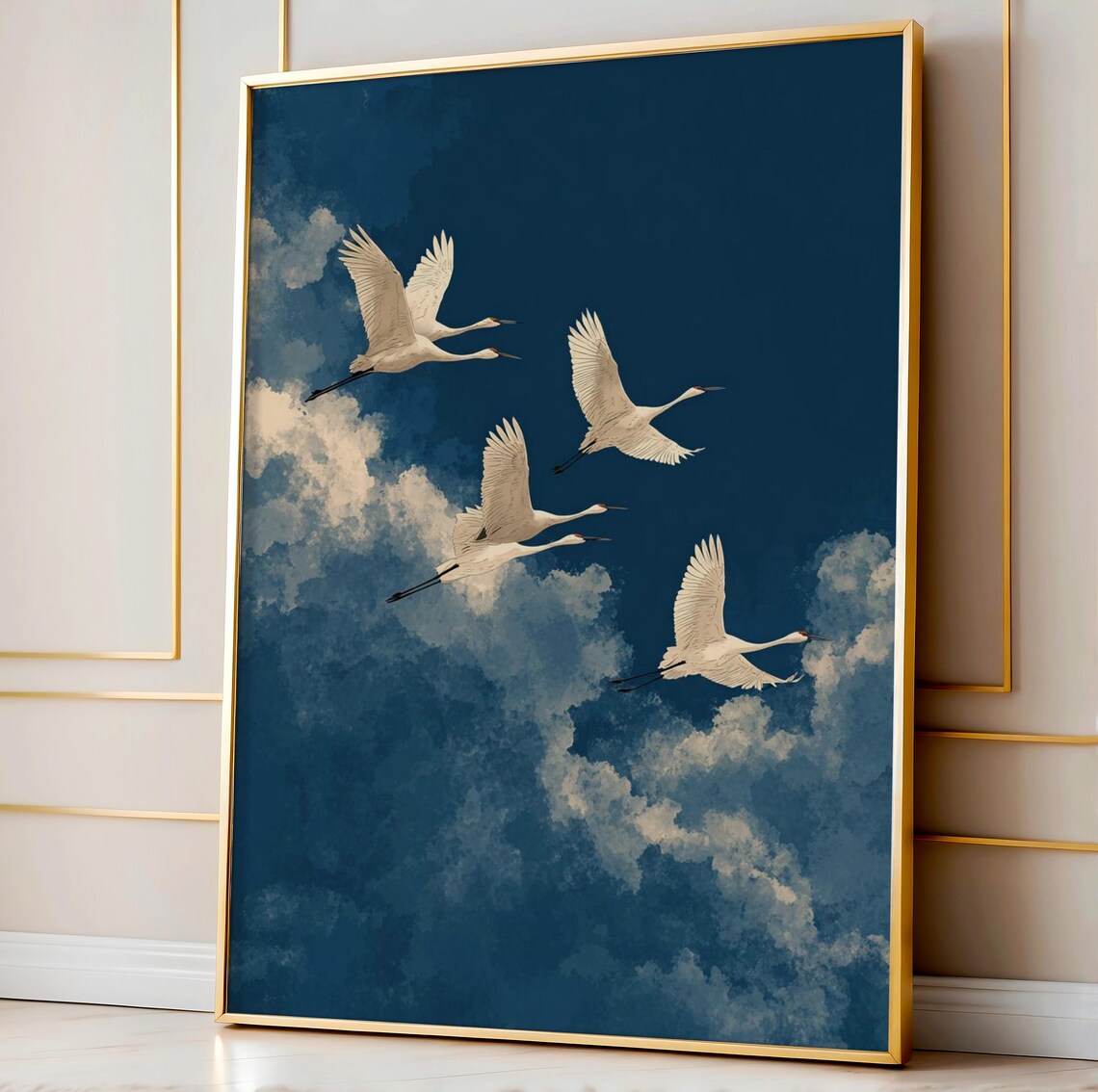 White Cranes Minimalist Art Print, Modern Bird Decor