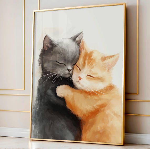 Cat Cuddles Art Prints Cute Gray And Orange Tabby Wall Poster Housewarming Gift For Gf Wife Lover Wedding Or Anniversary