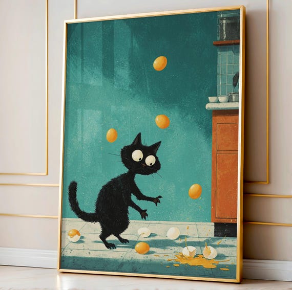 Egg Juggling Cat Wall Art Funny Retro Kitchen Poster Quirky Black Print Silly Breakfast Decor Feline