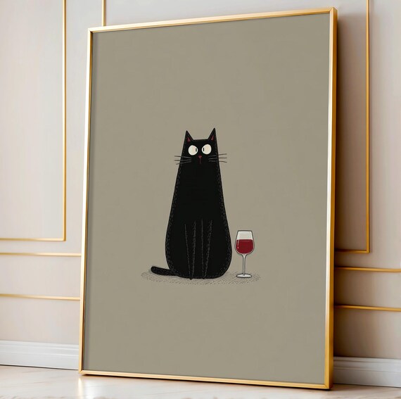 Cute Minimalist Black Cat Sitting with Wine Glass Poster on Gray