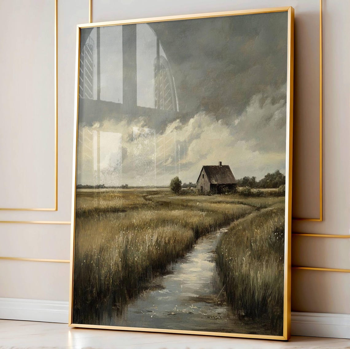 Moody Rural Barn In Misty Marshland Vintage Landscape Wall Art