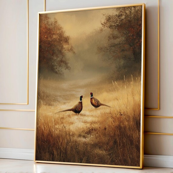 Two Pheasants Wandering a Misty Autumn Meadow Vintage Poster