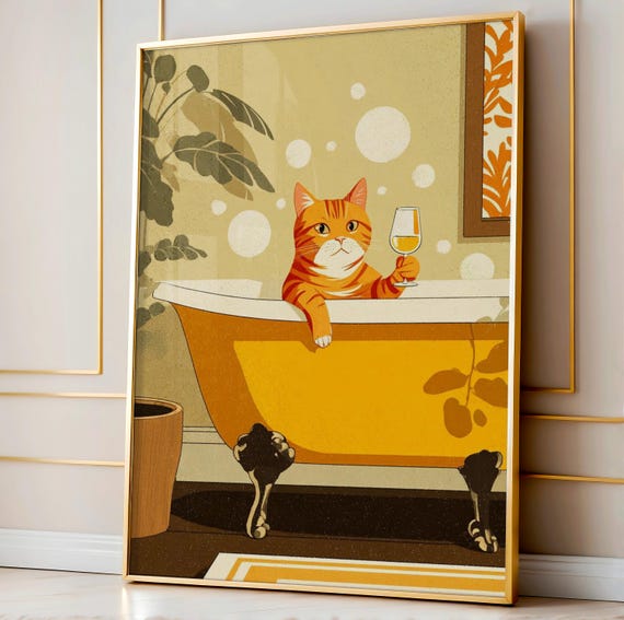Bathtub Cat Wine Print Retro Bathroom Art Funny Mid Century Wall Decor Orange Illustration Relaxing Poster