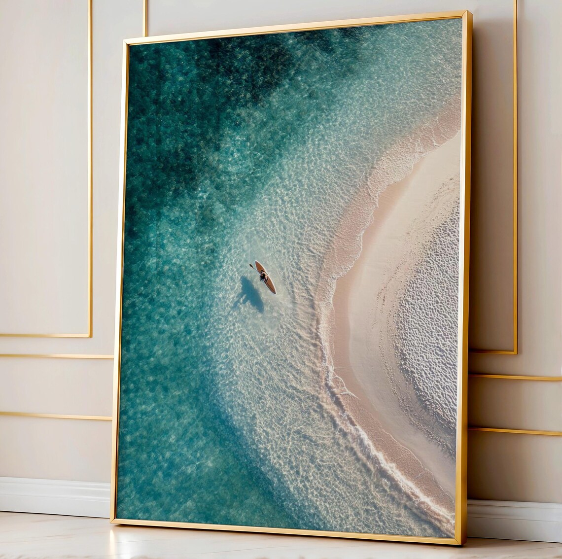 Aerial Paddleboarder in Turquoise Ocean Minimalist Coastal Photo Poster