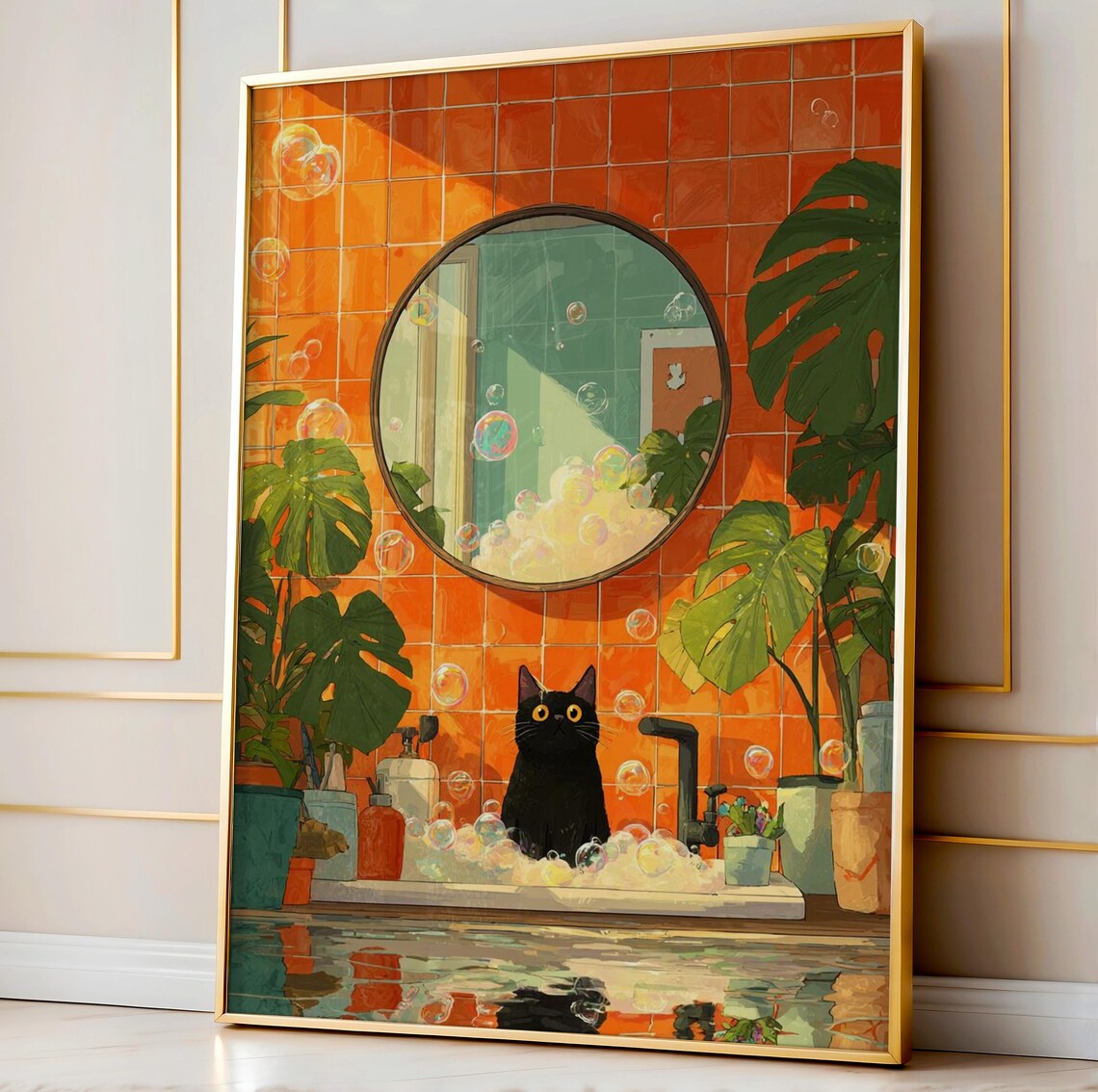 Funny Cat Bubble Bath Print, Playful Bathroom Decor