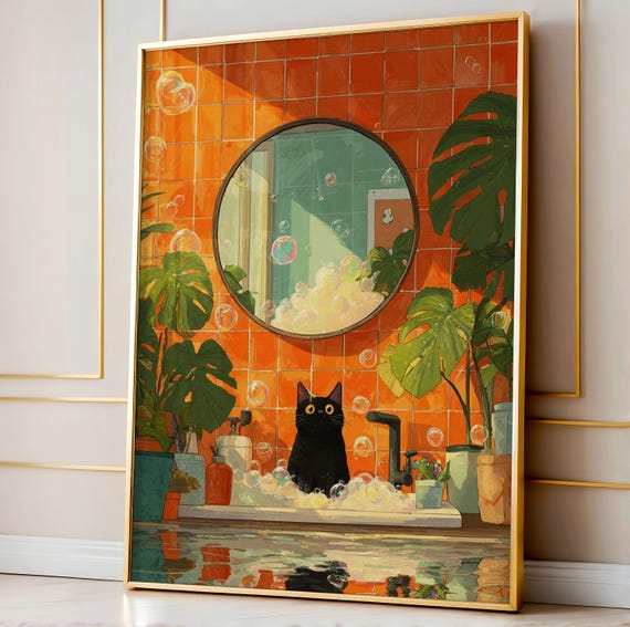 Funny Cat Bubble Bath Print, Playful Bathroom Decor