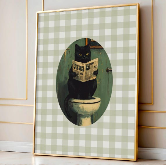 Funny Cat Bathroom Art Toilet Poster Humorous Wall Print Room Decor Humor