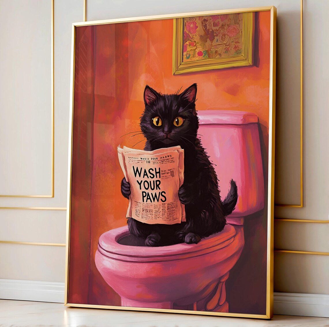 Wash Your Paws Black Cat Bathroom Humor Art Print