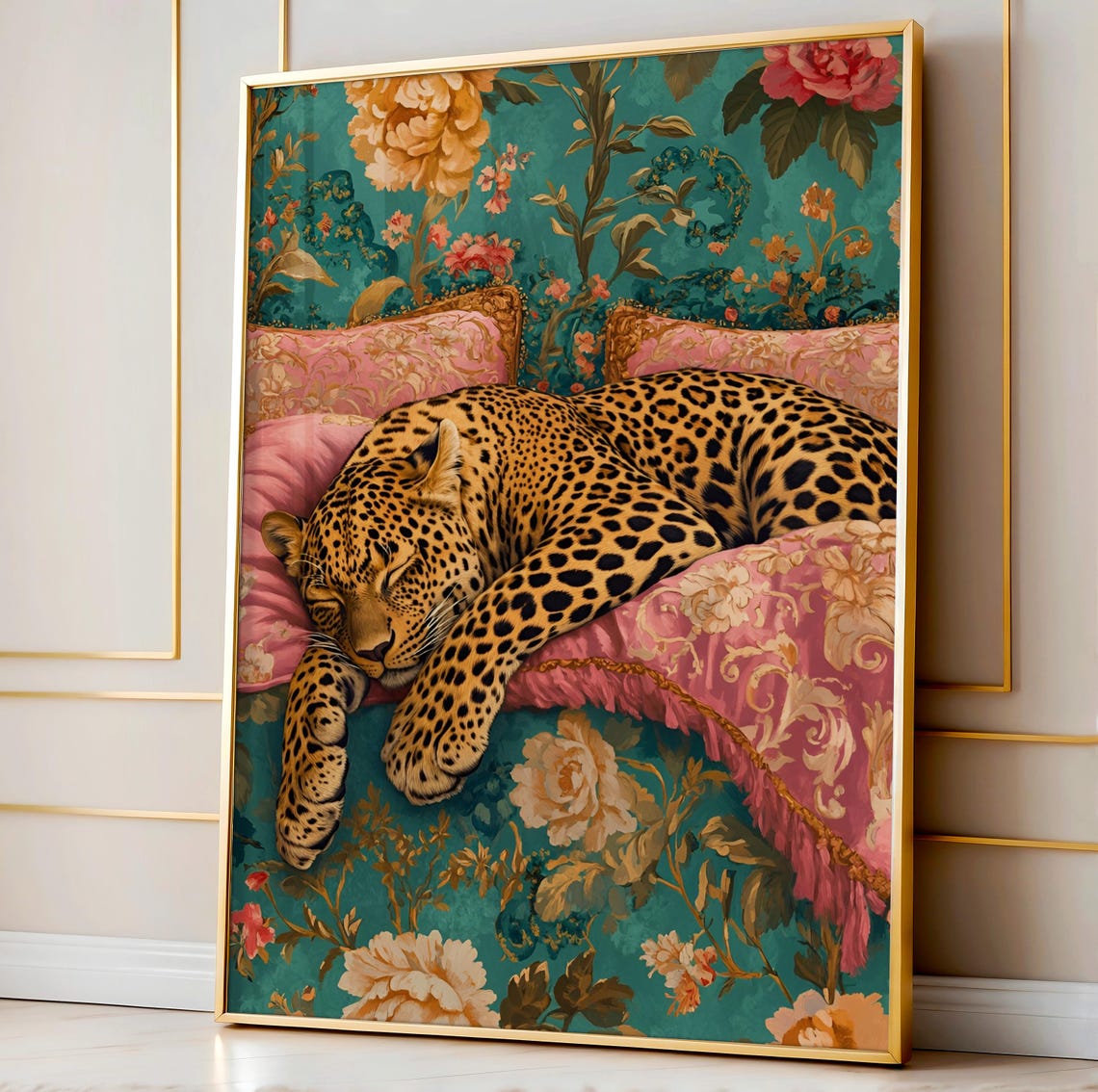 Sleeping Leopard On Floral Velvet Bed Maximalist Jungle Wall Poster