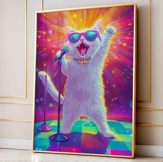 Karaoke Cat Poster Funny Disco Wall Art Cute Kitten Singing Print Colorful Retro Doing Things Illustration