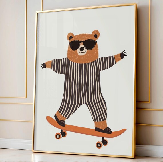 Skateboarding Bear Nursery Art Print, Kids Room Decor