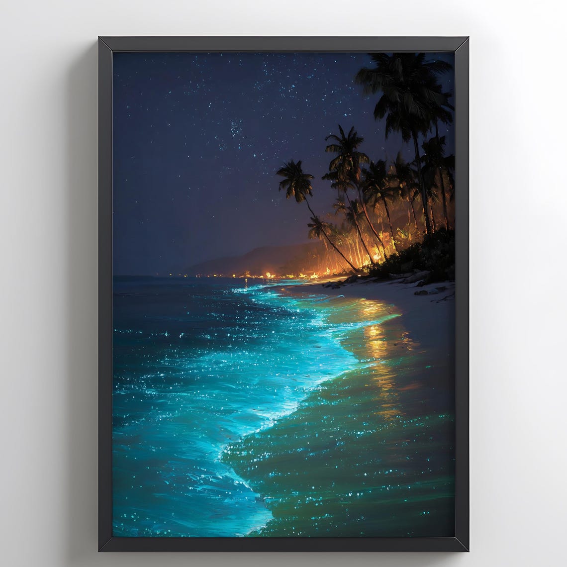 Bioluminescent Beach Glowing Blue Waves Palm Trees Starry Night Poster