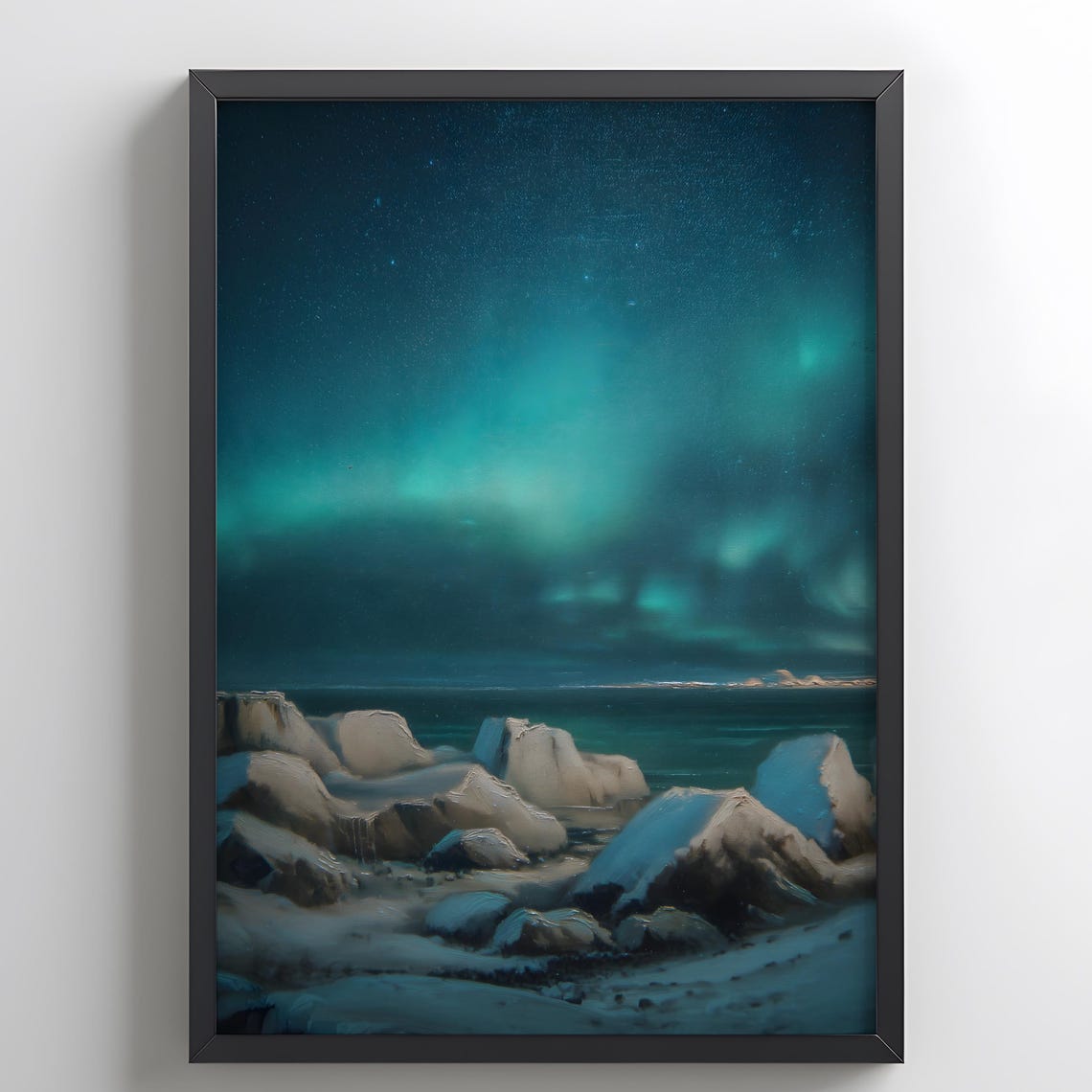 Northern Lights Aurora Over Rocky Coast Starry Night Sky Art Poster
