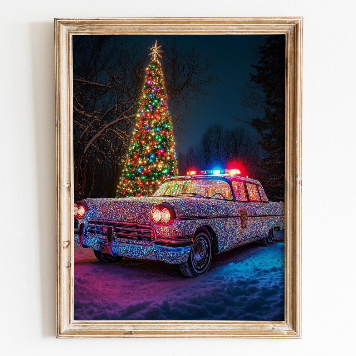 Vintage Christmas Police Car Lights Tree Snowy Night Wall Art - Image 3