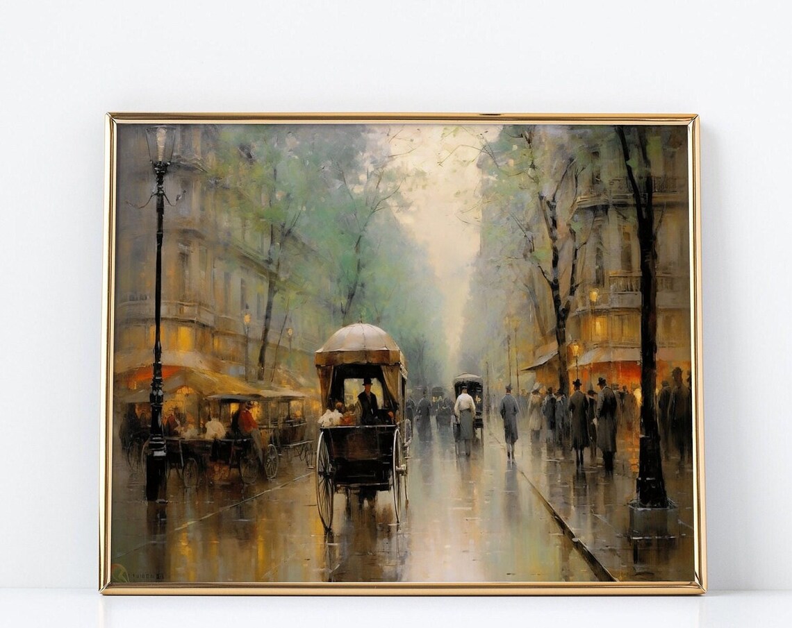 Vintage Paris Boulevard Horse Carriage Rainy Night Oil Poster