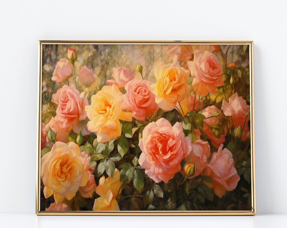 Peach and Pink Rose Bush Realistic Floral Garden Bloom Poster