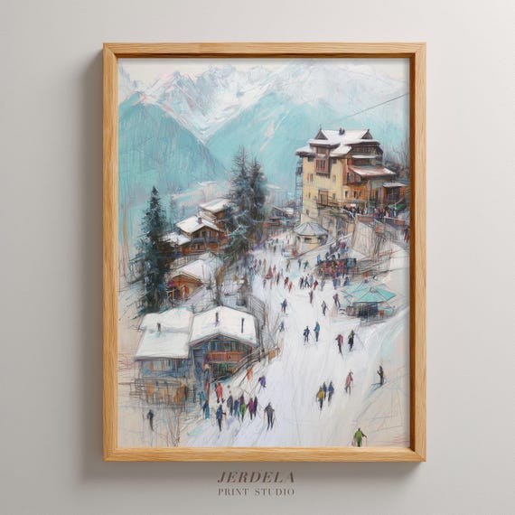 Impressionist Ski Resort Print Dry Pastel And Sketch Winter Landscape Art