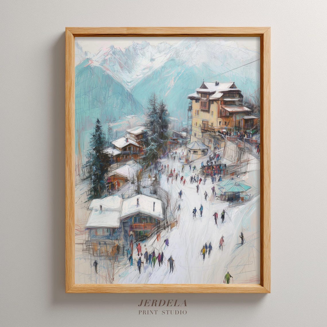 Alpine Ski Village Bustling Slopes Pastel Sketch Winter Poster