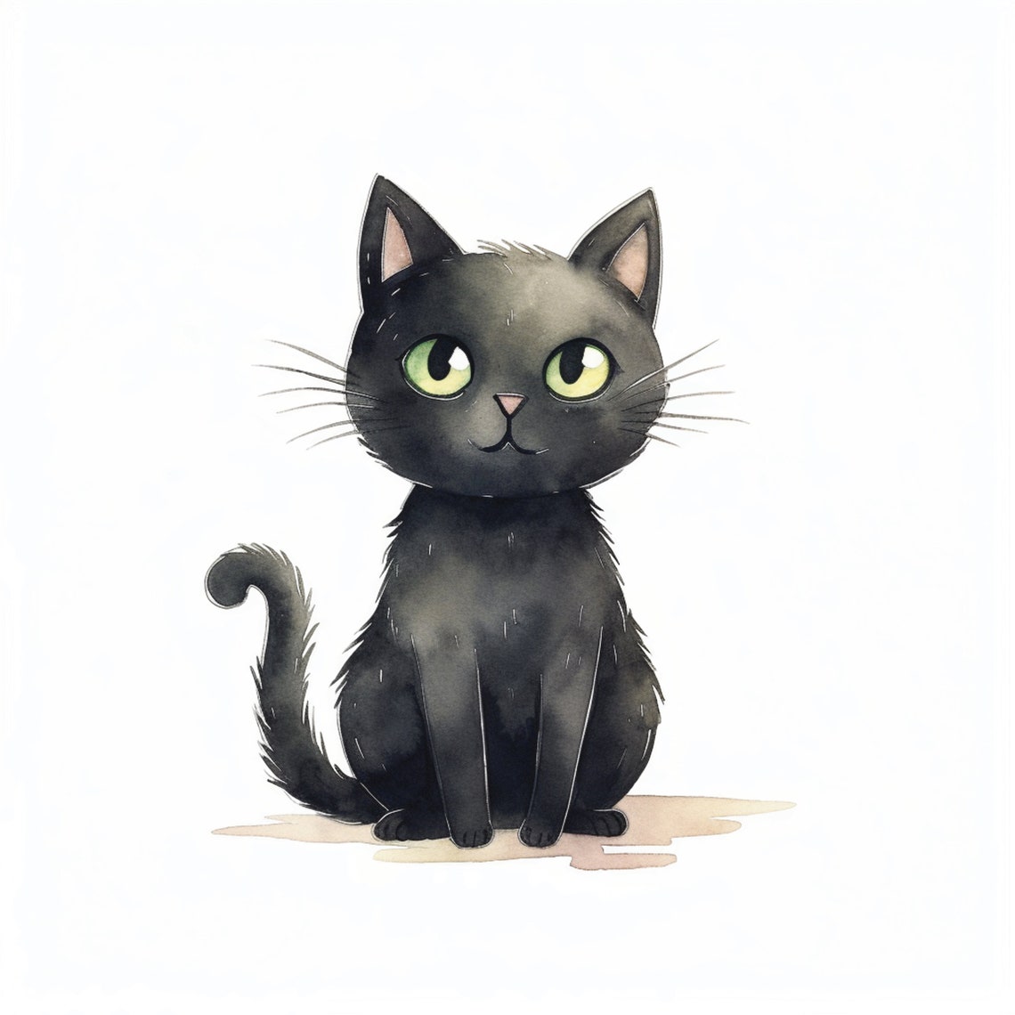 Cute Black Cat Watercolor Big Green Eyes Nursery Animal Poster