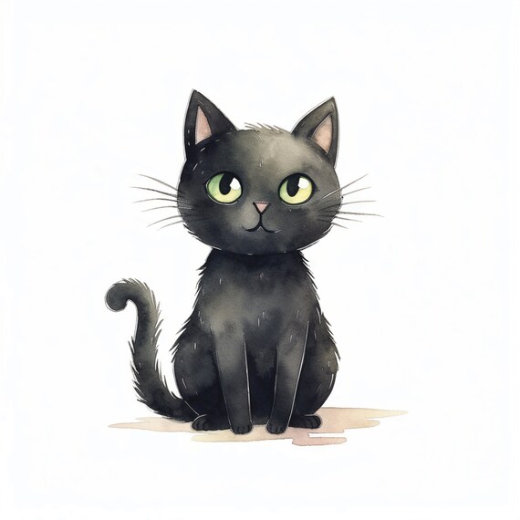 Cute Black Cat In Watercolor For Your Childrens Room Artistic Kitten To