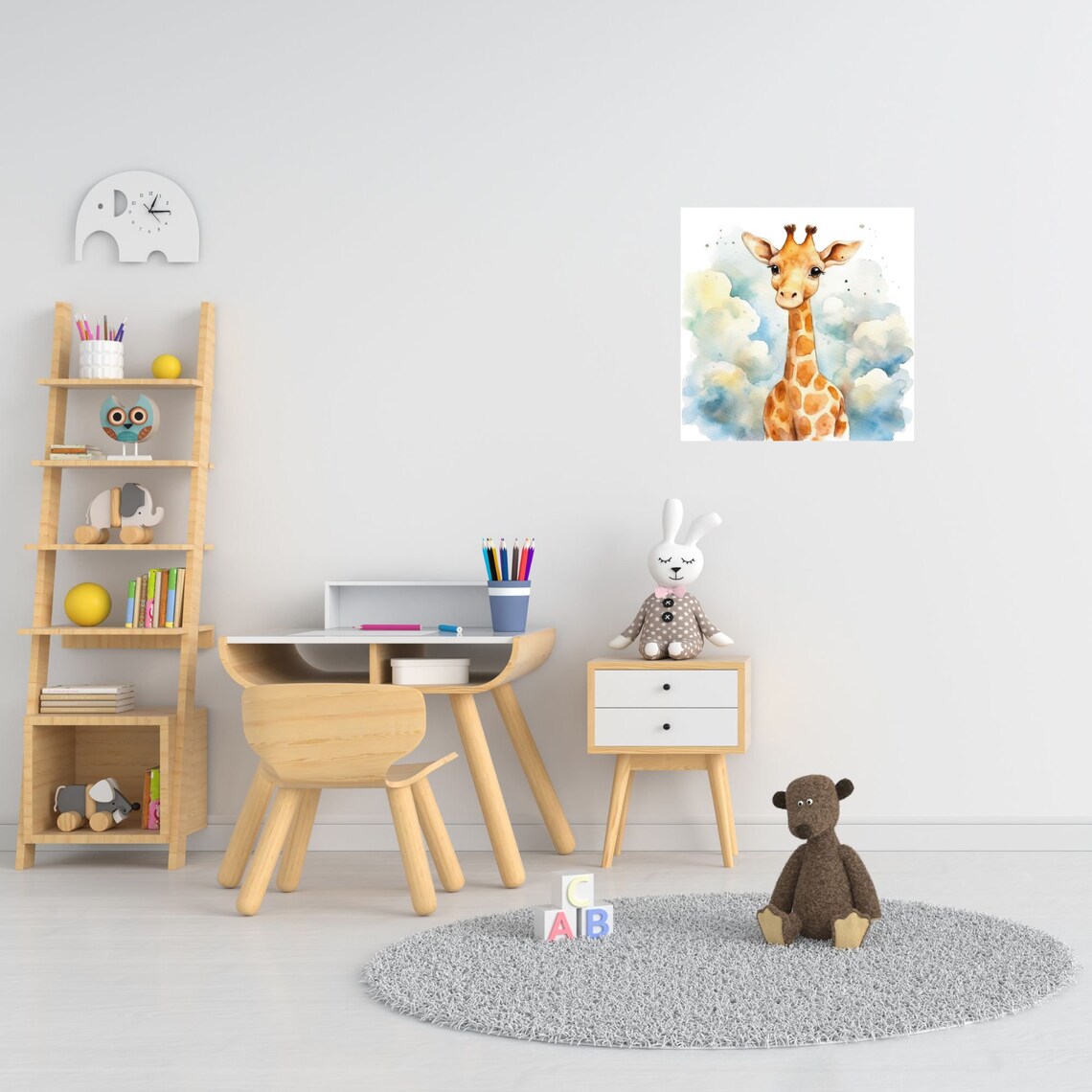 Adorable Baby Giraffe Watercolor Clouds Nursery Animal Poster - Image 5