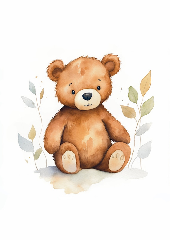 Cute Brown Bear Watercolor Leafy Sprigs Nursery Animal Poster