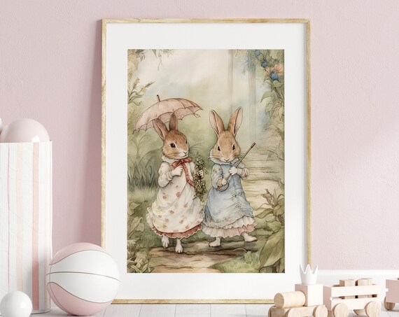 Two Bunny Girls With Parasol Vintage Watercolor Nursery Art Poster