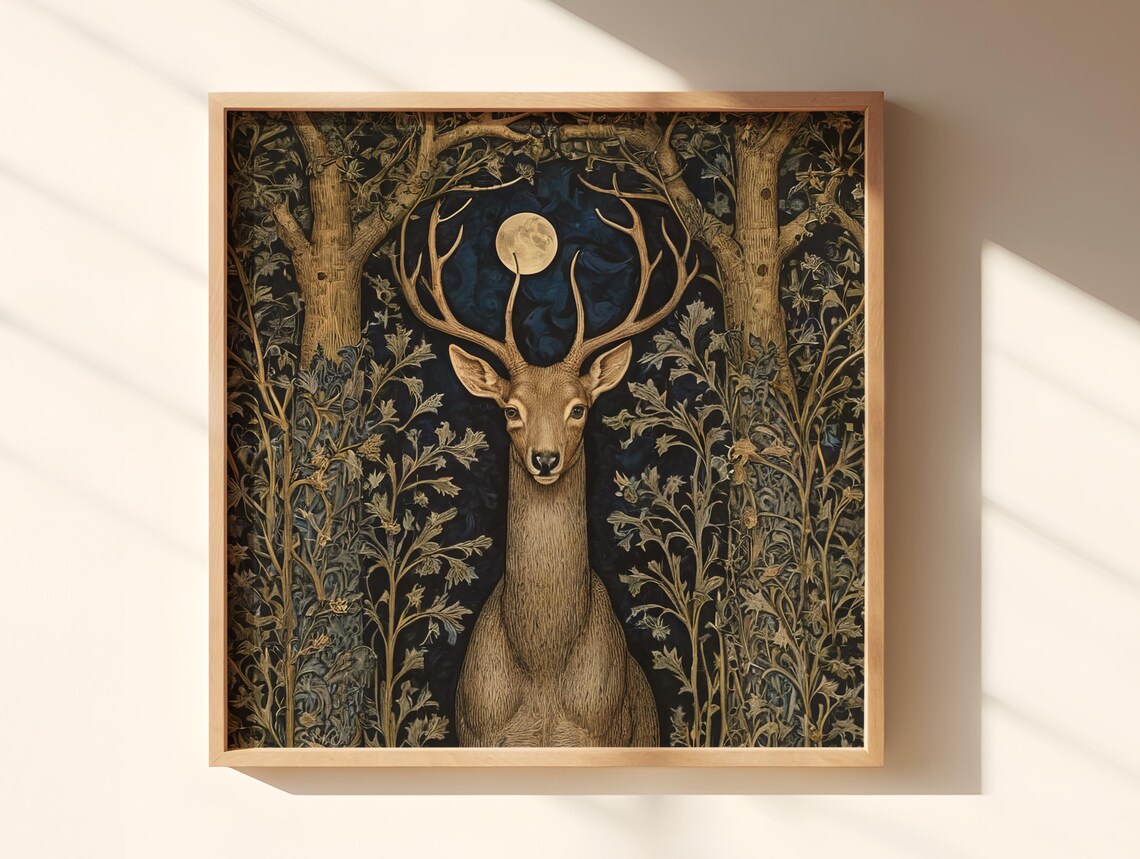 Moonlit Whitetail Deer Poster in William Morris Botanical Forest Style - Image 3