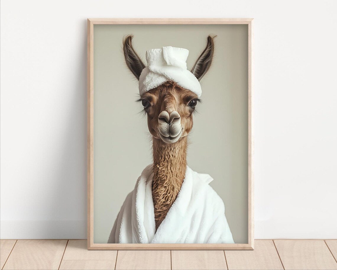 Llama Wearing A Bathrobe Humor Bathroom Wall Art