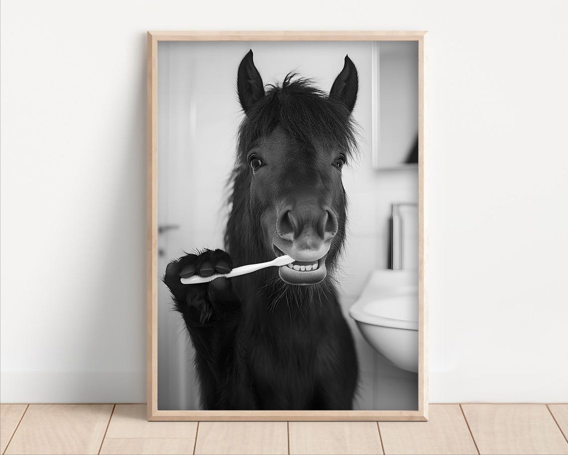 Funny Black Horse Brushing Teeth With Toothbrush Bathroom Poster