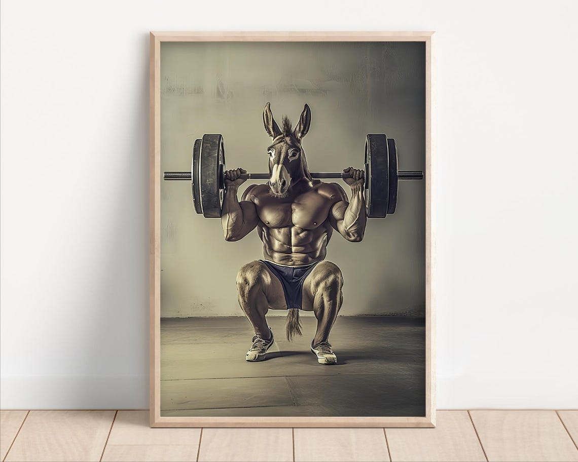 Funny Muscular Donkey Squatting Heavy Barbell Vintage Gym Poster