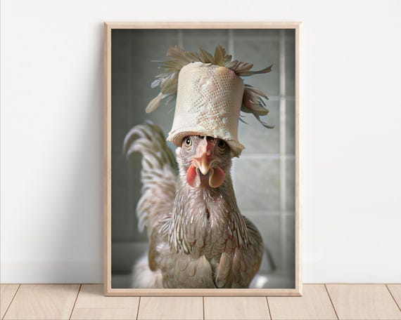 Funny Chicken With Toilet Paper Roll On Poster Or Canvas Quirky Bathroom Decor Hilarious Animal Wall Art Cute Photo Print