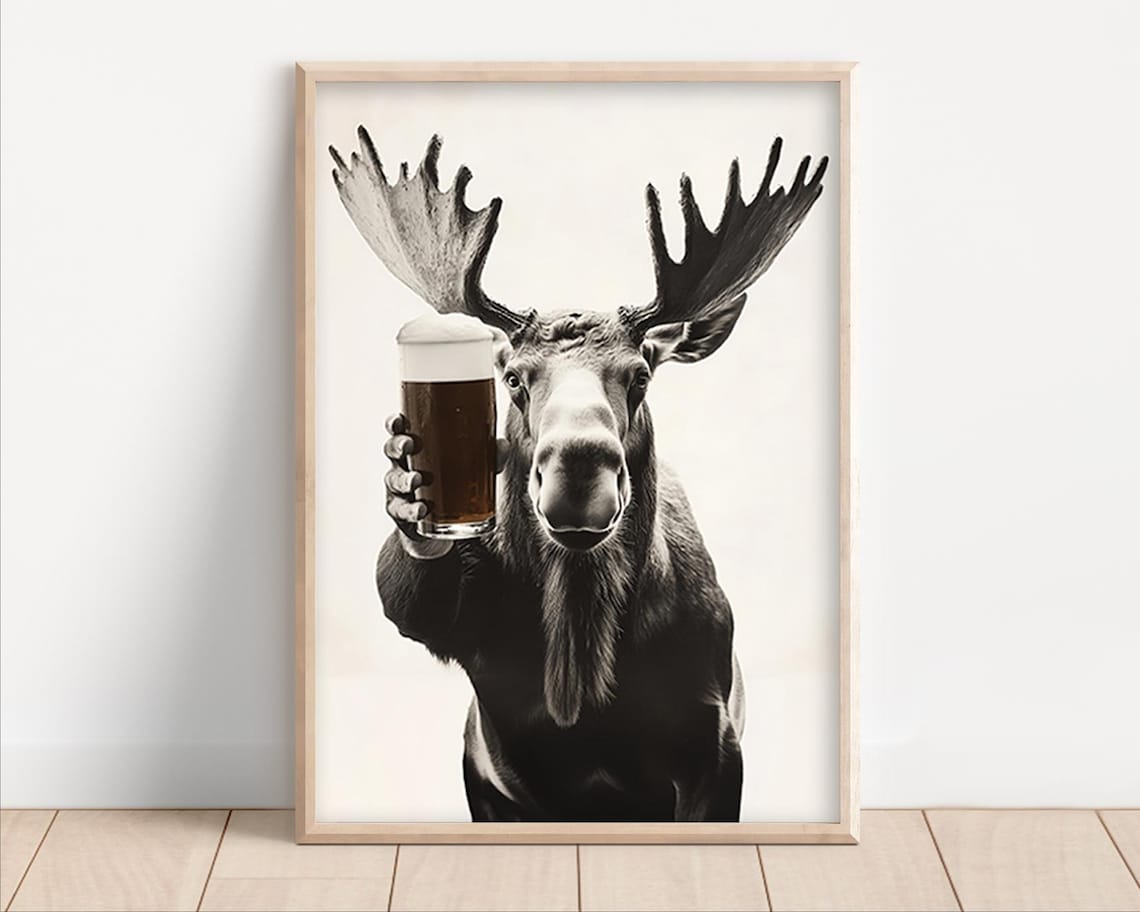 Moose Holding Beer Glass Funny Black and White Wildlife Bar Poster